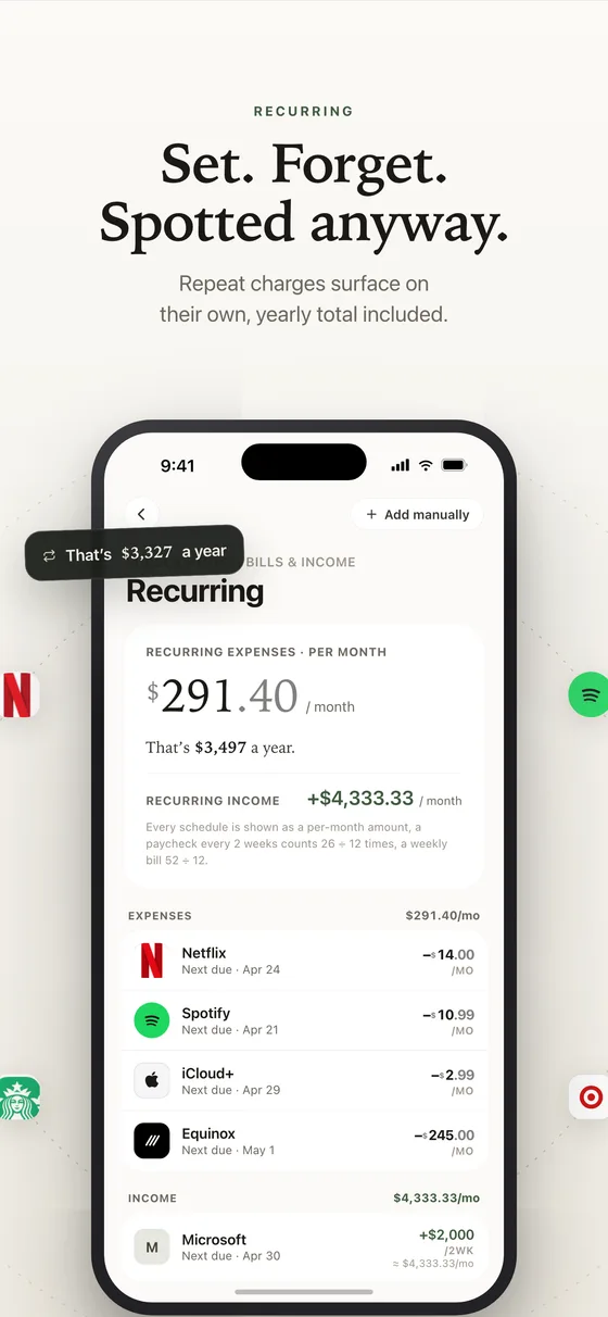 Recurring: $291.40 a month of bills and subscriptions, $3,497 a year, each with its next due date